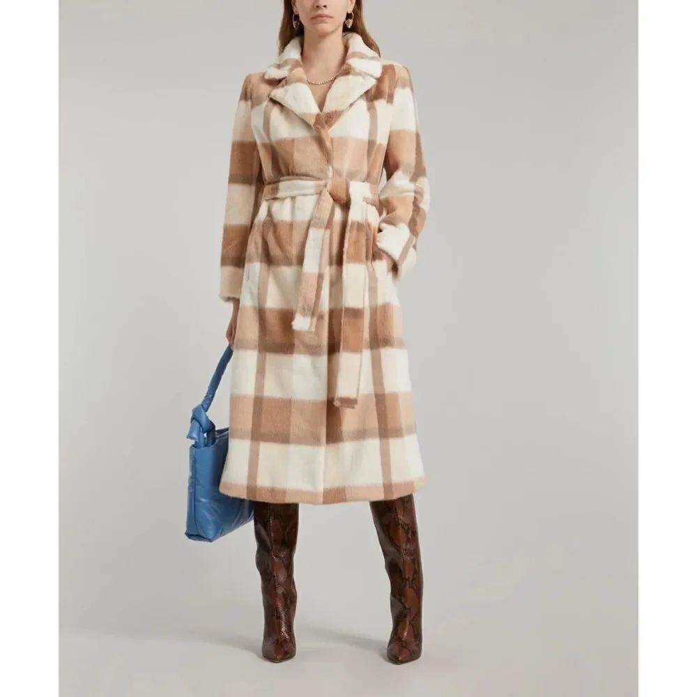 STAND STUDIO Juliet Faux Fur soft Check Long Coat - Size 38(US6)